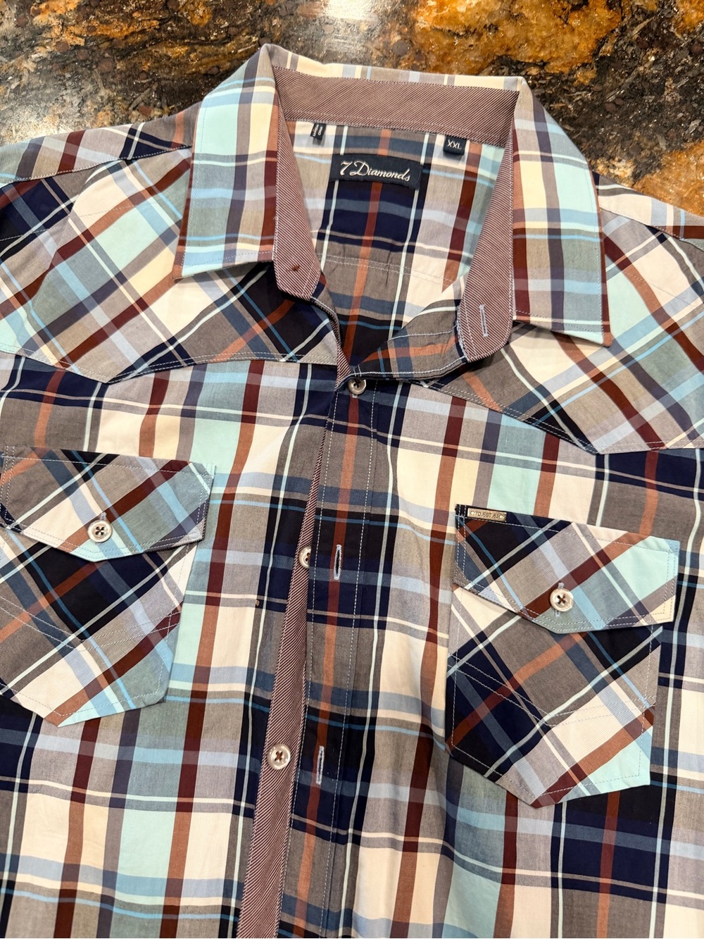 7 Diamonds Men's Plaid Button-Down Shirt in Navy, Light Blue & Brown